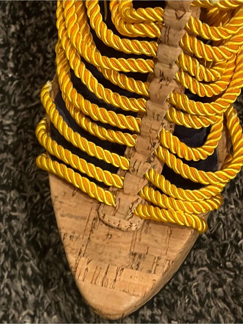 Yellow Rope-Strap Cork Wedge Sandals